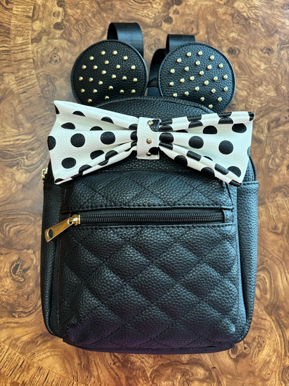 Olivia & Kate Black Mini Backpack Polka Dot Bow Gold Studded Minnie Mouse Ears - Picture 2 of 11